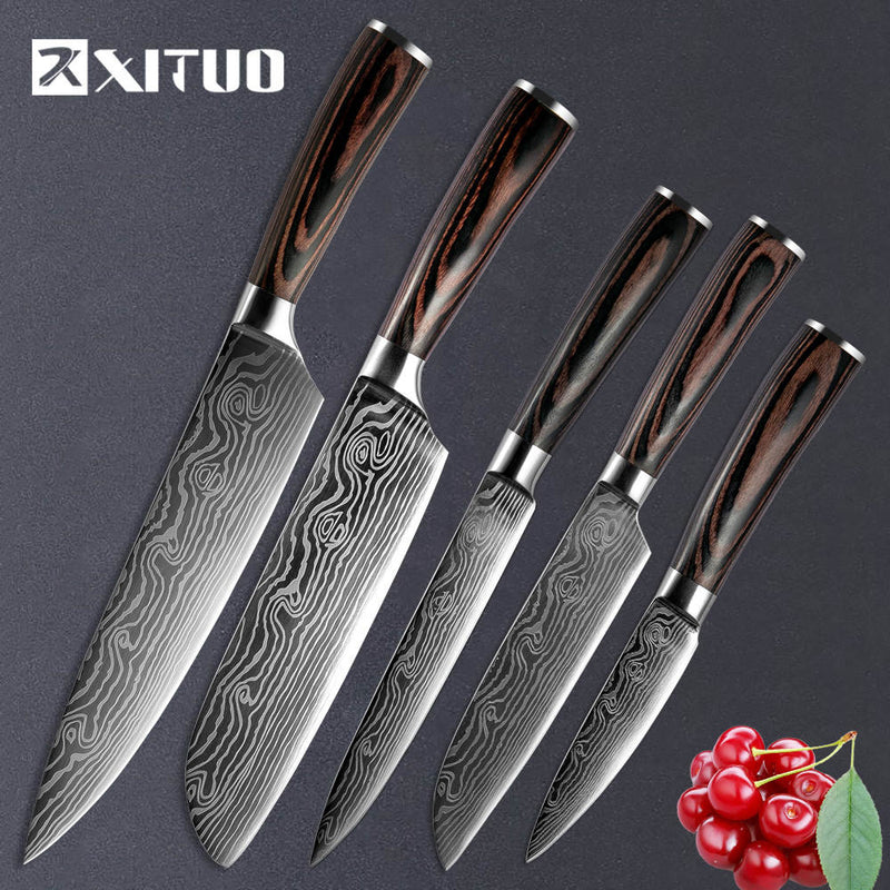 XITUO 1-5 uds set cuchillo de Chef japonés de acero inoxidable lijado láser patrón cuchillos profesional cuchillo de hoja afilada herramienta de cocina