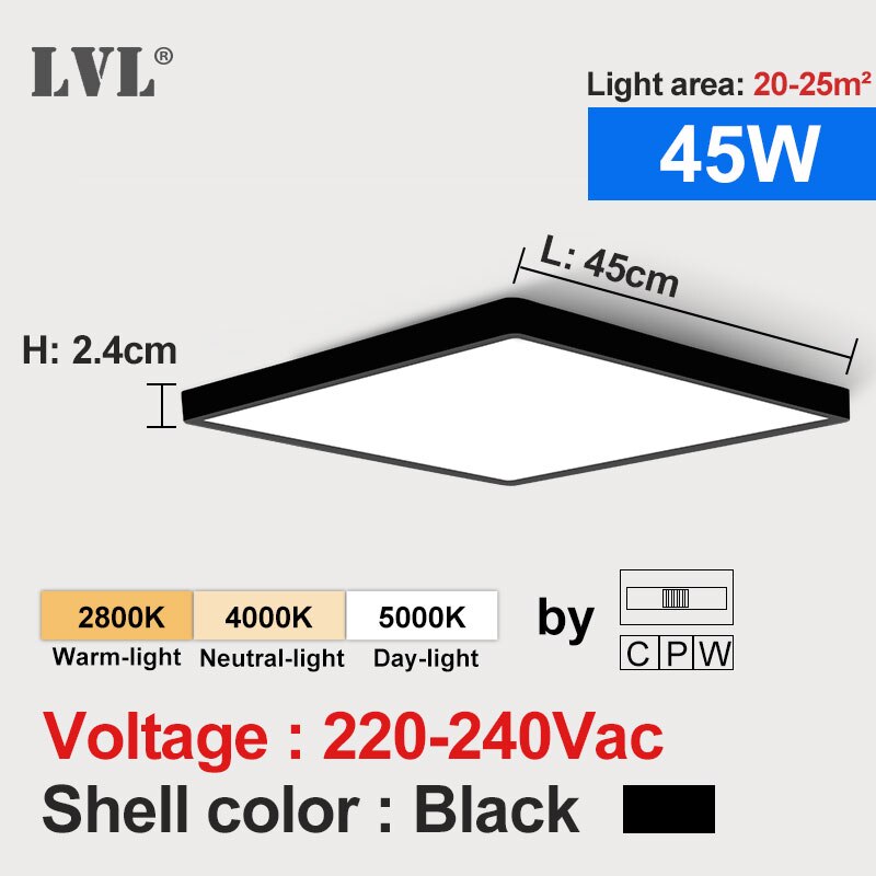 Lámpara LED de techo cuadrada moderna, 45W, 220V, 5000K, 4000K, 2800K, 3 colores para cocina, dormitorio, baño, lámparas de techo ultrafinas