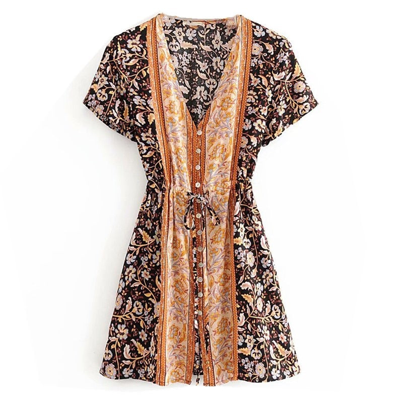 2020 Bohemia Camelia estampado Floral vestido de verano vacaciones mujer encaje hasta la cintura botón de un solo pecho vestidos de manga corta playa