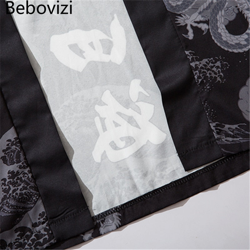 Bebovizi Dragon Print Yukata Men Women Fashion Cardigan Loose Blouse Haori Obi Asian Clothes Harajuku Japanese Cosplay Kimono