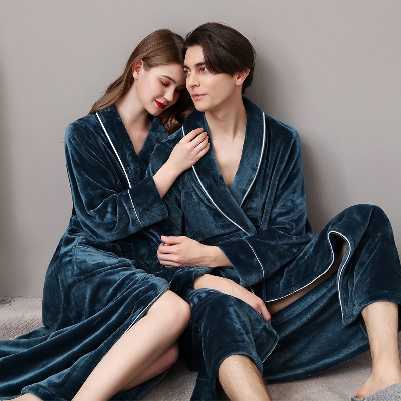 Men Plus Size 3XL Flannel Kimono Bath Gown Ultra Long Large Robe Coral Fleece Nightgown Lovers Couple Thick Warm Sleepwear MR001