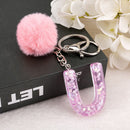 1PC Keyring Pink Color English Letter Keychain with Puffer Ball  26 English word Glitter Resin A TO Q Handbag Charms for Woman