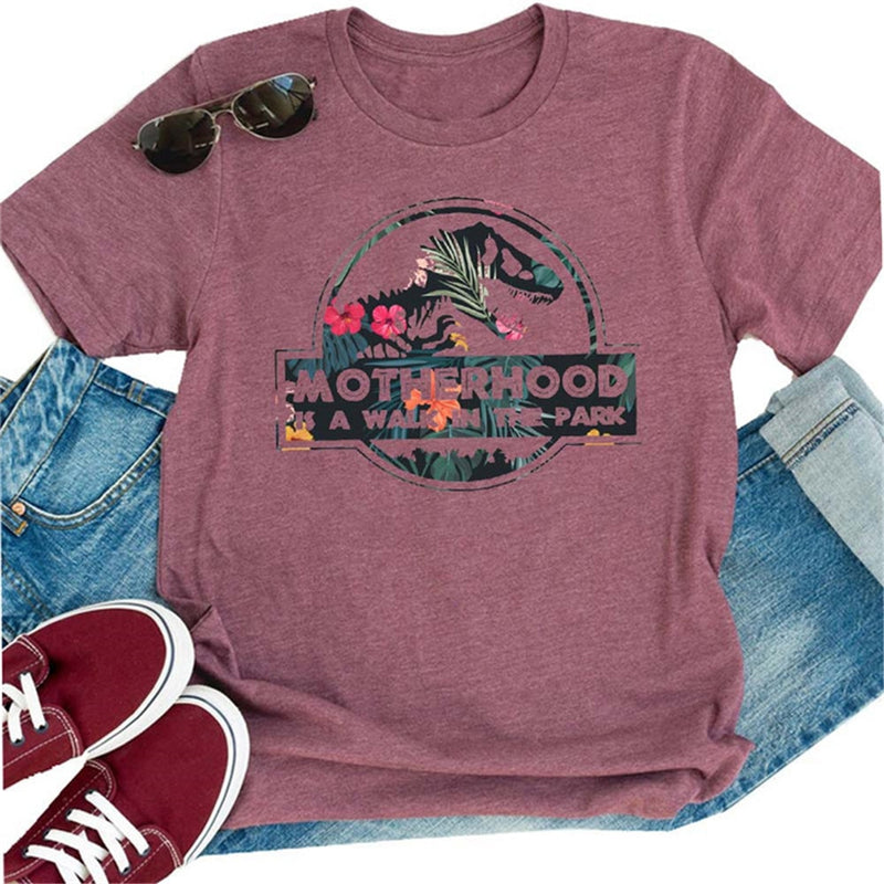 MOTHERHOOD IS A WALK IN THE PARK Letter Harajuku Print Women T shirt Cute Dinosaur Head Graphic Tshirt Female Vintage T-shirt