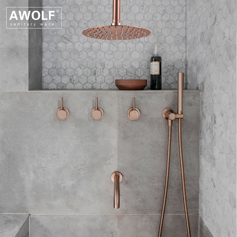 Bathroom Shower Set Brushed Rose Gold Simplicity Solid Brass Shower Faucet Shower Bath Mixer Tap Black And Chrome Color AH3023