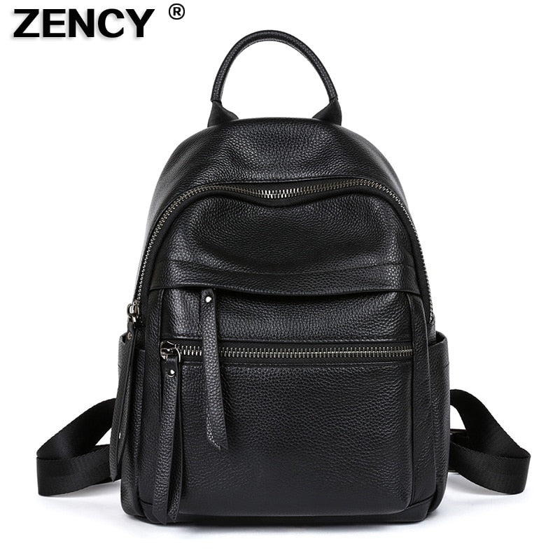 ZENCY Soft 100% Genuine Cow Leather Black Pure White Women's Backpacks Lady Girl First Layer Cowhide Female School Book Backpack