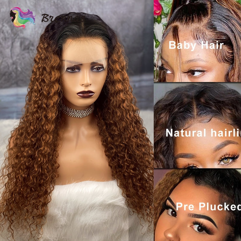 Ombre Curly Lace Front Echthaarperücken für Frauen Gebleichte Knoten Density180 Preplucked 13x4 Brasilianisches Haar Curly Lace Frontal Perücke