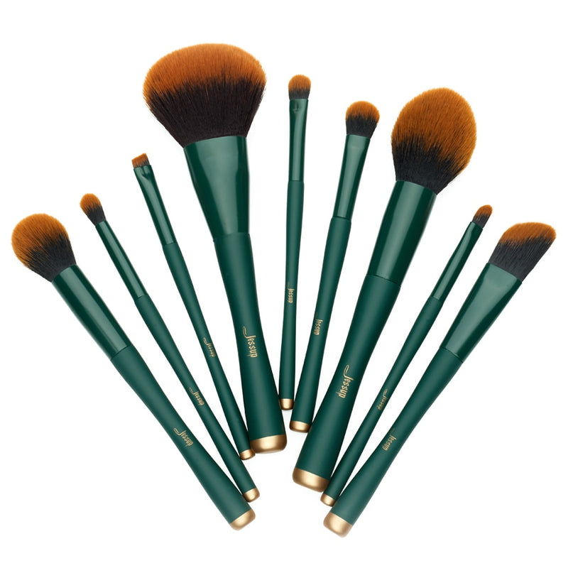 Jessup Green Brush set 9pcs Synthetic Powder Blusher Foundation Contour Angled Concealer Blending Eyeshadow Eyebrow Wooden T268