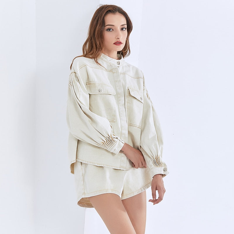 TWOTWINSTYLE Casual Two Piece Set For Women Stand Collar Lantern Long Sleeve Tops High Waist Shorts Loose Sets Female 2022 New