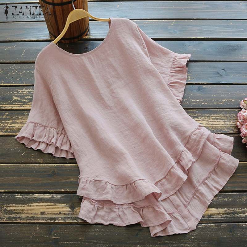 Fashion Women's Cotton Blouse Ruffle Shirts ZANZEA 2022 Causal Short Sleeve Solid Female Asymmetrical Tunic Tops Blusas Oversize