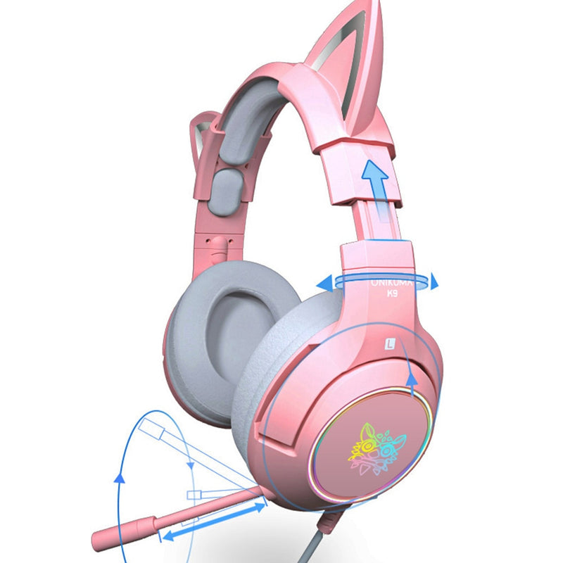 RGB Gaming 7.1 Stereo-Kopfhörer Rosa Headset Abnehmbares Katzenohr USB-Kabel mit Mikrofon-Rauschunterdrückung Für PS4/Xbox ein süßes Mädchen