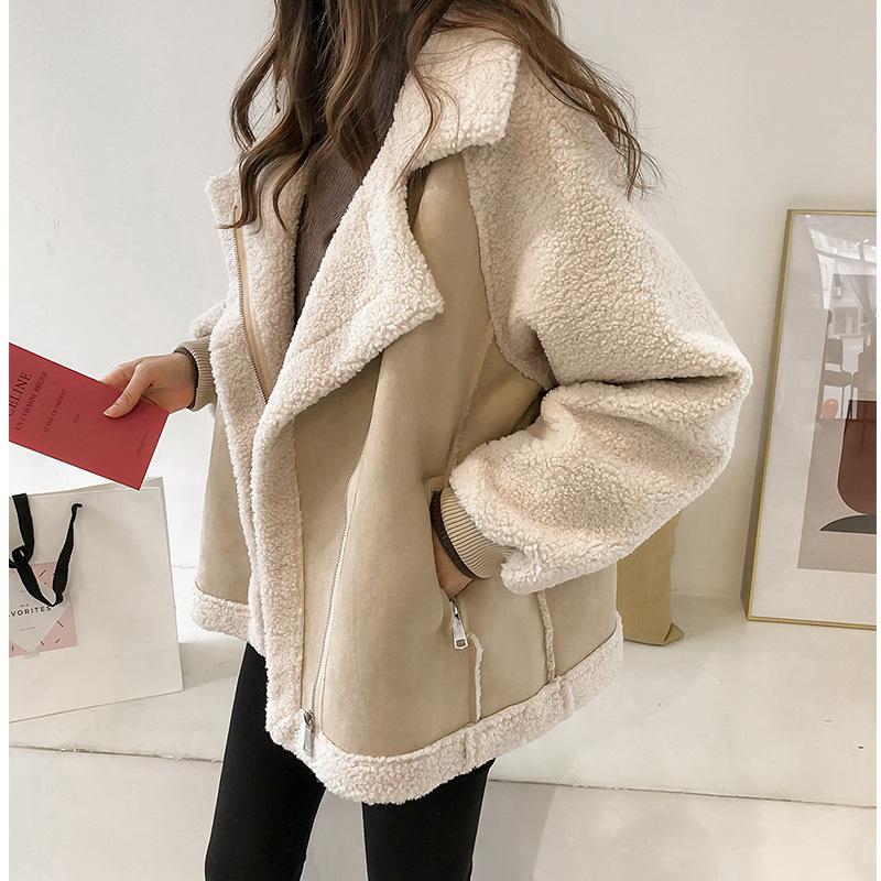 Women Winter Oversized Teddy Jacket Chic Faux Suede Fur Collar Coats Aviator Motorcycle Biker Jackets Female Lamb Wool Coat New