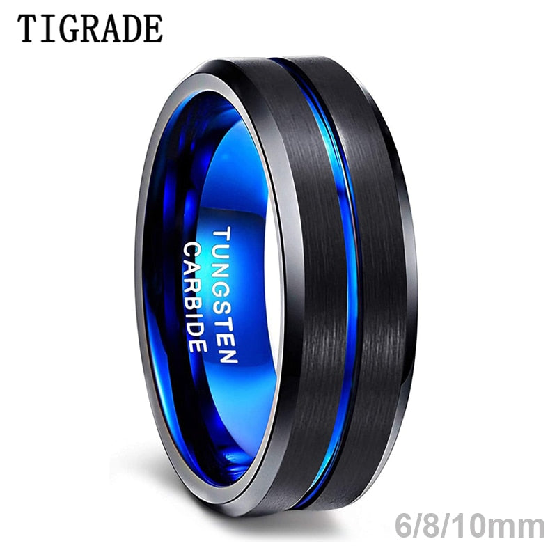 TIGRADE 6/8/10mm Blue&amp;Black Mens Tungsten Carbide Ring Blue Line Design For Women Wedding Engagement Rings Fashion Size 6 -17