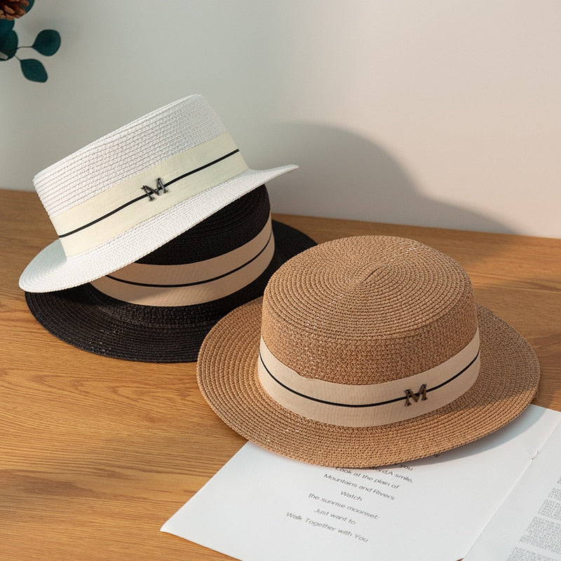 Women Straw Hats Panama Wide Brim Jazz Hat Summer Hat Ladies Sun Hat Simple Flat Top Hat