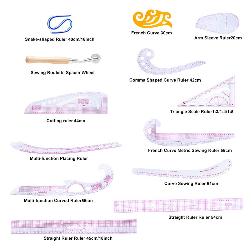 MIUSIE 13pcs Sewing Ruler Line French Curve Ruler Cutting Mat Set Yardstick Sleeve French Curve Cutting Knife Ruler Sewing Tool