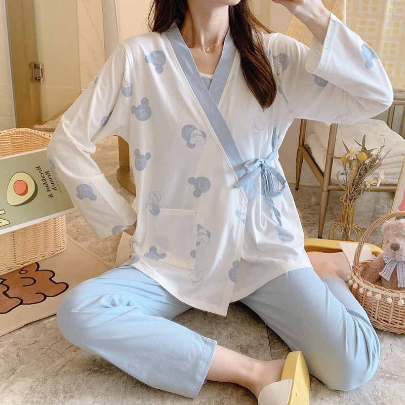 3 PCs/Set Printed Maternity Nursing Sleepwear Breastfeeding Nightwear for Pregnant Women Pregnancy Breast Feeding Pajamas Suits
