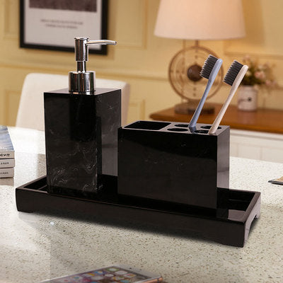 Black Marble Pattern Tray Resin Bathroom Set Toothbrush Holder Soap Dispenser Soap Dish Men&