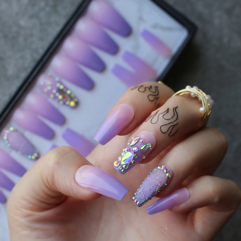 Box gift ombre Purple Lavender coffin false nails Crystal design design caviar Shaped drill Trapezoid fake nails Custom logo