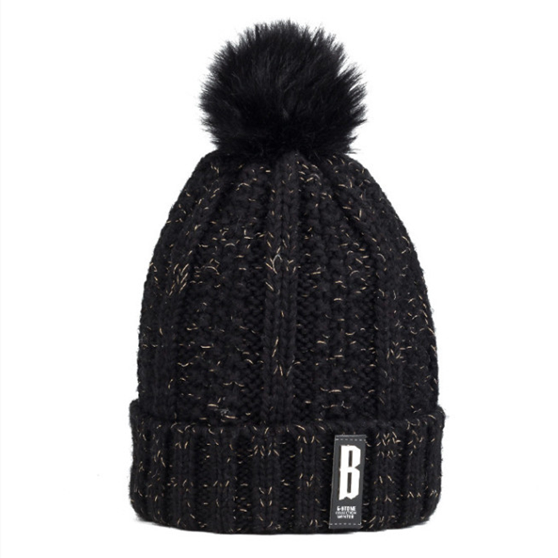 New Women Warm Thick Hat Fashion Winter Hats For Woman Add Fur Lined Knitted Cap Letter B Beanie Hat Girls Pompom Knitted Hat