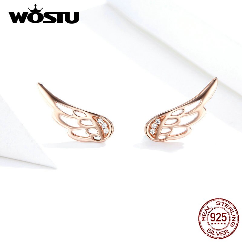 WOSTU Genuine 925 Sterling Silver Fairy Wings Stud Earrings For Women Rose Gold Earrings Wedding Engagement Jewelry CQE343-C