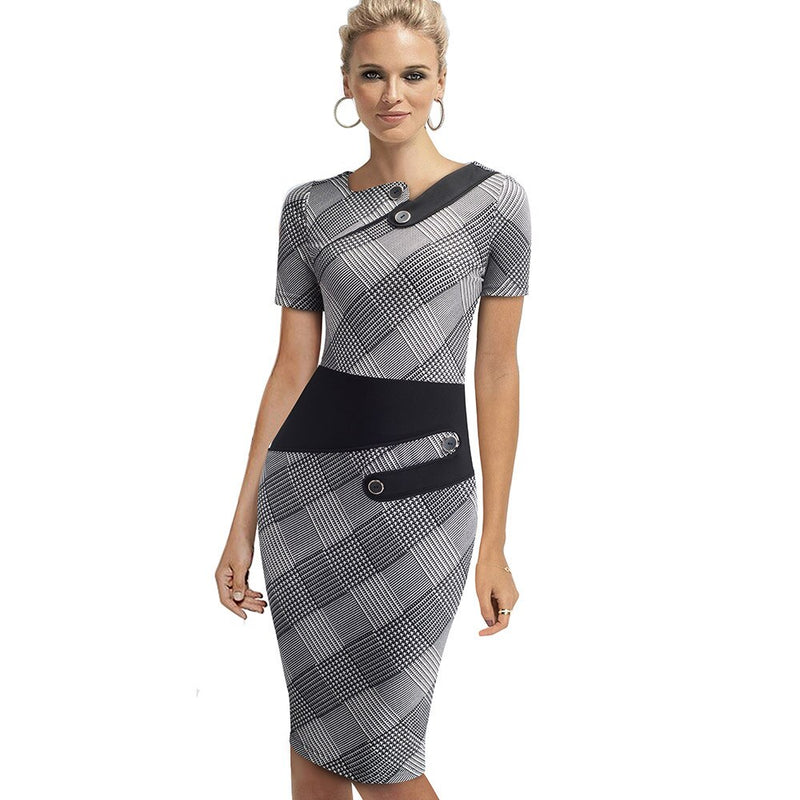 Nice-forever Business Female Pencil Dress Elegant Lady Illusion Patchwork Sheath Buttons Fitted Women Bodycon Bandage Dress b231