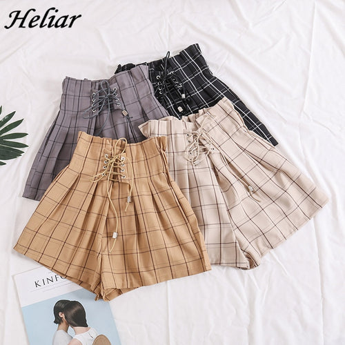 HELIAR 2022 Frühling Frauen Karierte Shorts Elastische Taille Kordelzug Weites Bein Shorts Mit Saches Hohe Taille Shorts Für Frauen