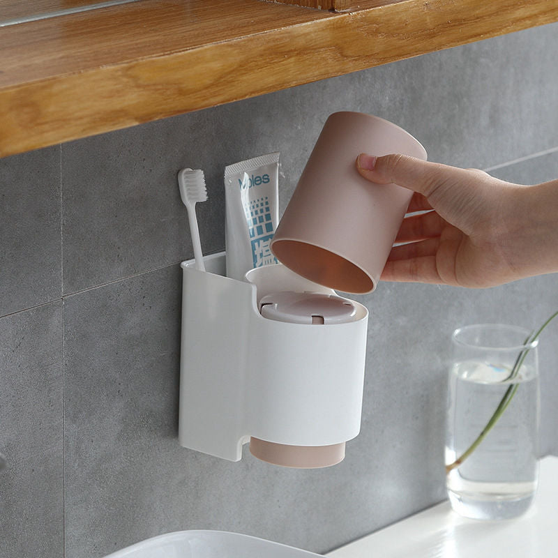 Toothbrush Holder Toothpaste Rack Mouthwash Cup  Strong Adsorption Hanging Storage Rack With Cup  Bathroom Accessory