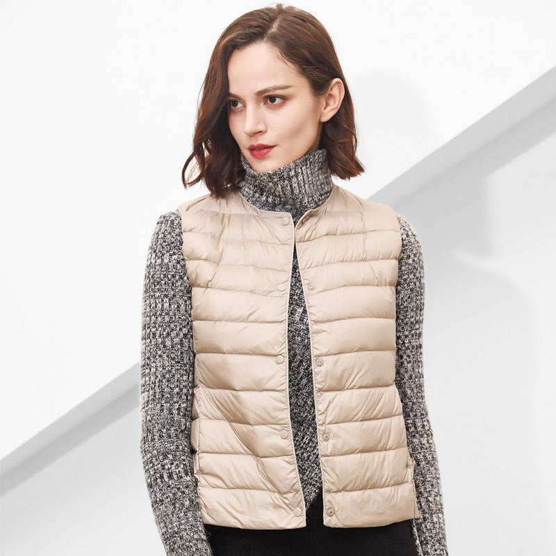 Women White Duck Down Vest Soft Ultra Light Jacket Winter Weightless Round Collar Portable Winter Sleeveless Warm Liner Button