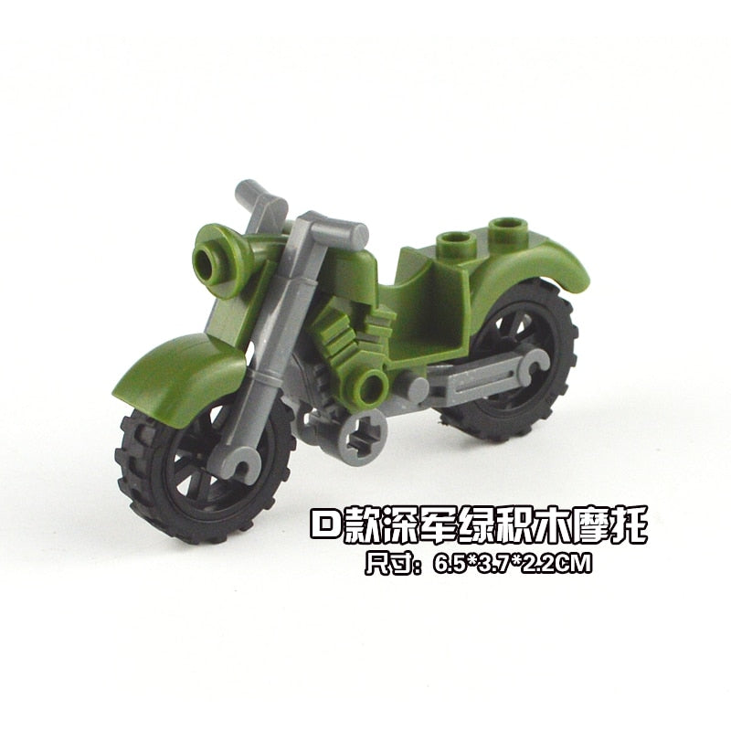 MOC Military Particles Accessory Motorcycle Tricycle Cartoon Car Brick Set Building Block Kid Toy Militarys City Kit Model Gifts