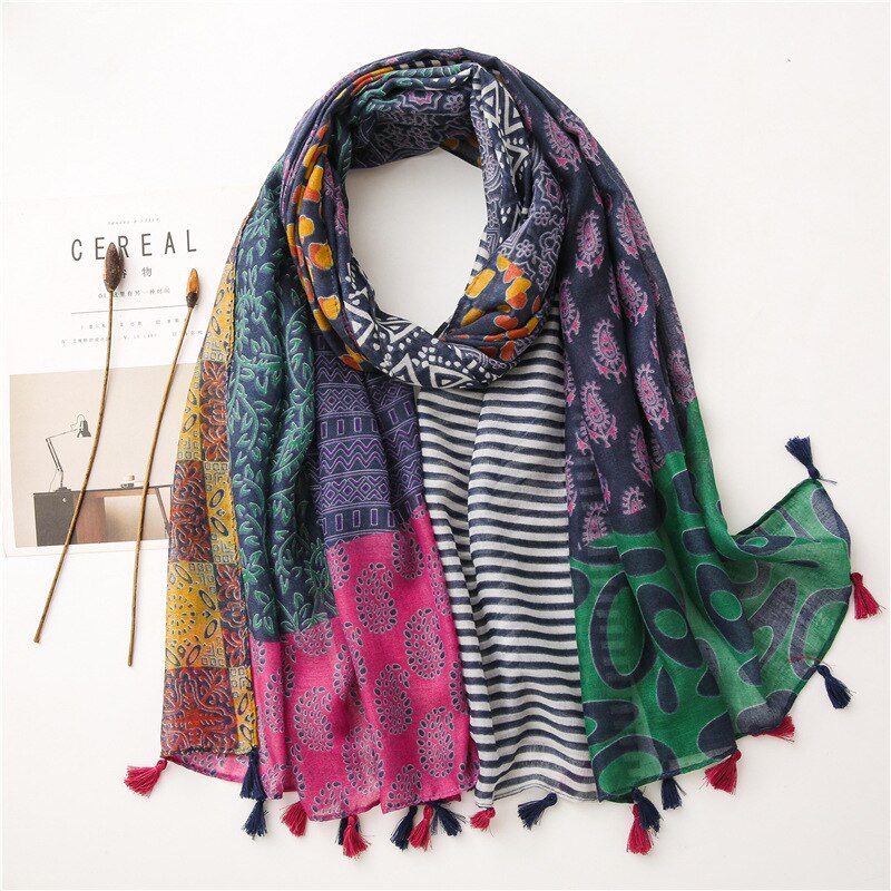 2020 fashion spring summer geometry printing cotton scarf with tassel fashion wraps shawls sunscreen beach hijabs wholesale