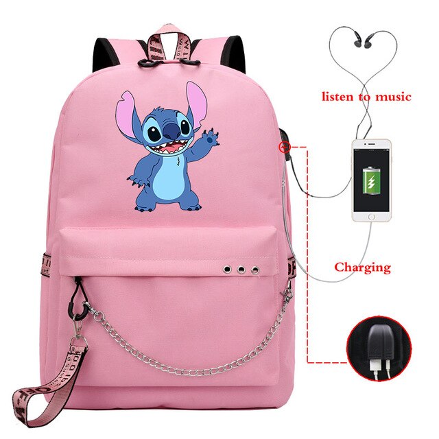 Disney Kawaii Stitch Bag Zipper USB Charging Mochila Capacity Backpack Women Kpop School Bags for Teenage Girls Students