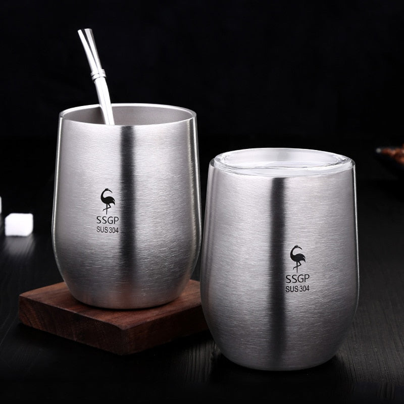 Double Wall 304 Stainless Steel Cup Tea Mug With Lid Heat Resistant Portable Beer Cup With Spoon Straw 377ml