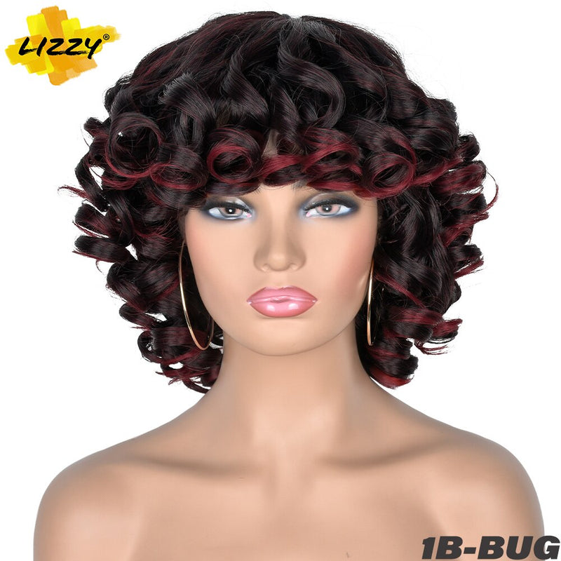 Peluca Afro rizada de pelo corto con flequillo, Cosplay sintético suelto, pelucas naturales esponjosas hasta los hombros para mujeres negras, marrón oscuro, 14"