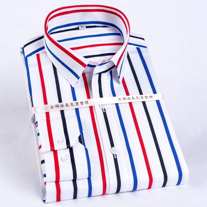 Camisa de vestir resistente a las arrugas a rayas de bloque de Color para hombre, camisas casuales de algodón puro de ajuste estándar con cuello de botones ocultos