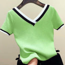 V-Neck Short Sleeve Shirt Women Contrast Color Striped Knitted 2023 Summer Tops Shirt Korean Clothes Femme Camisetas Mujer 13362