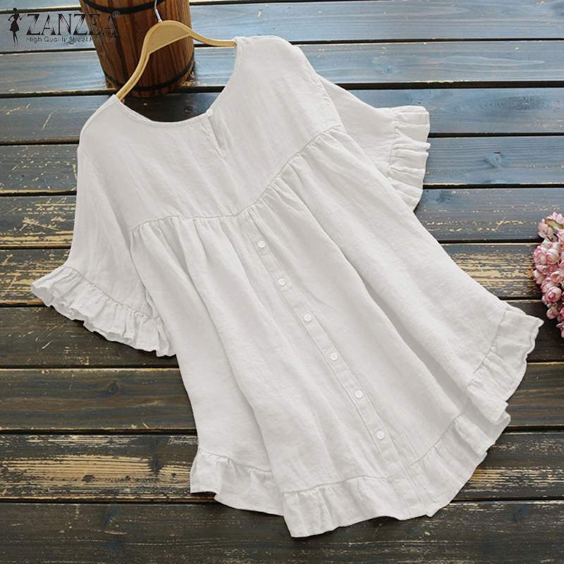 Fashion Women's Cotton Blouse Ruffle Shirts ZANZEA 2022 Causal Short Sleeve Solid Female Asymmetrical Tunic Tops Blusas Oversize