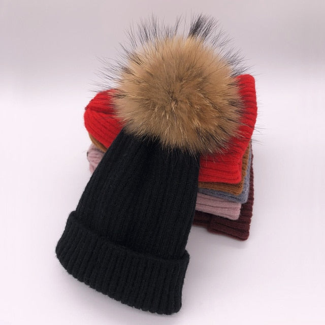 2022 New winter hat luxury quality Fox fur pompom hats beanie High quality Girls women bonnet winter hats for women
