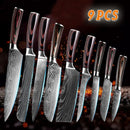 9pcs Kitchen Knives Set Damascus Laser Patten Professional Japanese Chopping Boning Cleaver Chef Knives Set 440C Stainless Steel