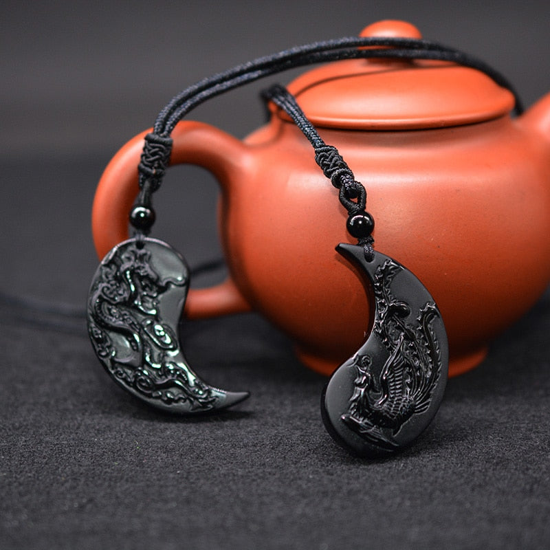 1 Set Obsidian Taichi Dragon and Phoenix Necklace Pendant YIN YANG Pendant Necklace Obsidian Lucky Pendants