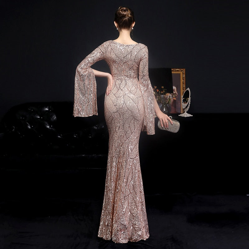 Gold Sequin Evening Dress Women Long Sleeve Dress YIDINGZS Elegant Party Maxi Dress Long Prom Dress