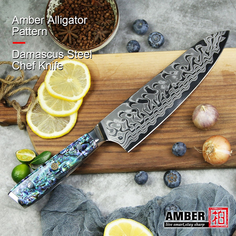 Patrón de cocodrilo ámbar 37 capas Damasco acero AUS10V núcleo cuchillo de cocina