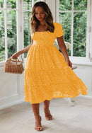 Vintage Print Puff Sleeve Dress Women Summer 2020 New Sweet Casual Square Collar Green Floral Print Long Dresses Slim Vestidos