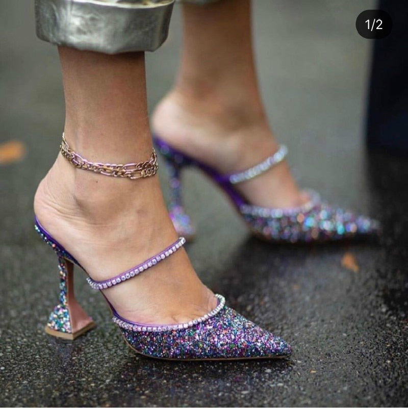 Popular europeo y americano, novedad de verano 2020, deslumbrante rosa con lentejuelas de cristal, tacones de aguja, zapatillas de tacón alto para mujer