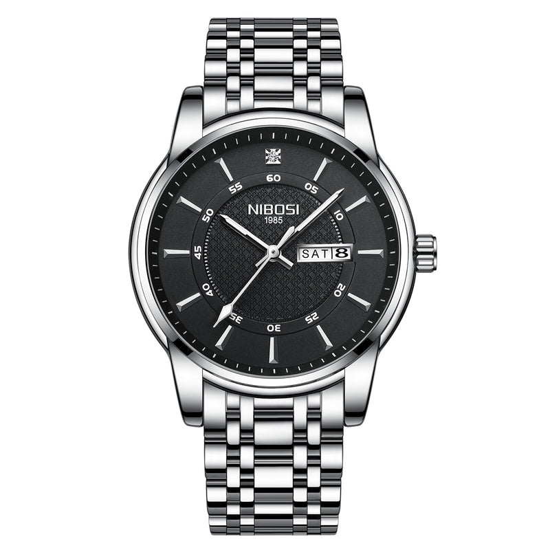 NIBOSI Herrenuhren schwarz Zifferblatt Metallband Luxus berühmte Top-Marke Männer Mode Freizeitkleid Militär Quarz Silber Armbanduhren