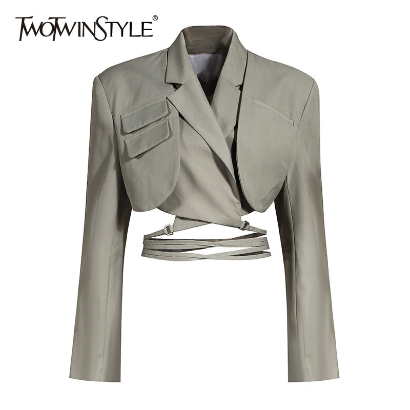 TWOTWINSTYLE Unregelmäßiger Eleganter Blazer Für Frauen Gekerbte Lange Ärmel Lace Up Bowknot Blazer Weibliche 2022 Frühlingsmode Neu