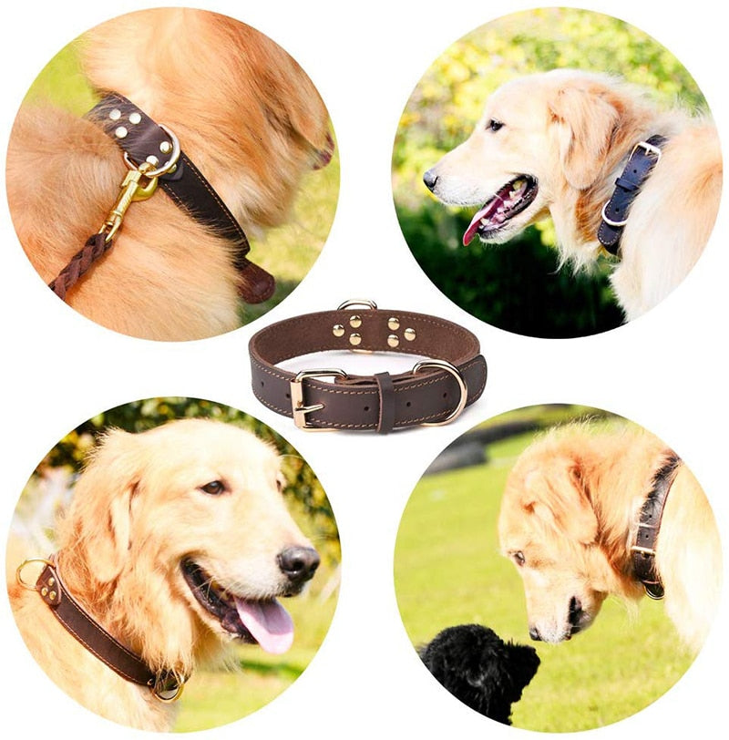 Benepaw Quality Genuine Leather Dog Collar Durable Vintage Heavy-duty Rustproof Double D-Ring Pet Collar For Medium Large Dogs