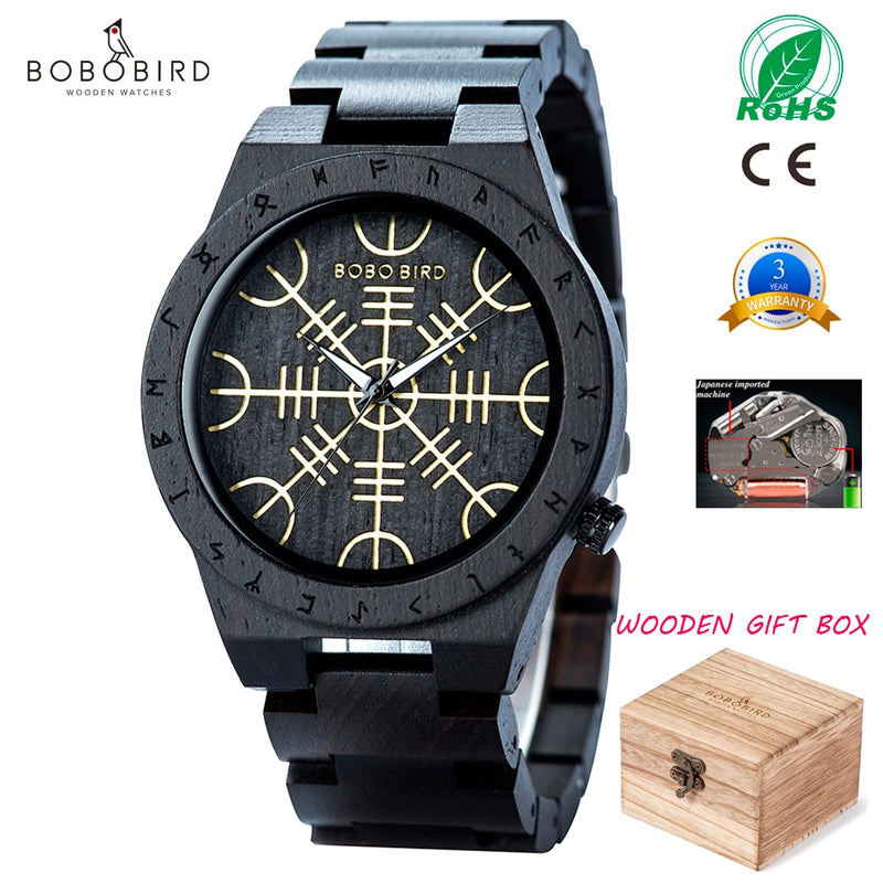 Handmade BOBO BIRD Wooden Watches Man Women Runic Circle Watch with Golden Helm of Awe Vegvisir Quartz Wristwatch Male