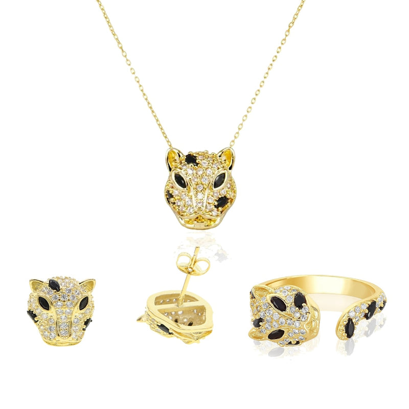 Gold color Jaguar earring ring necklace jewelry set for women white black cz leopard design