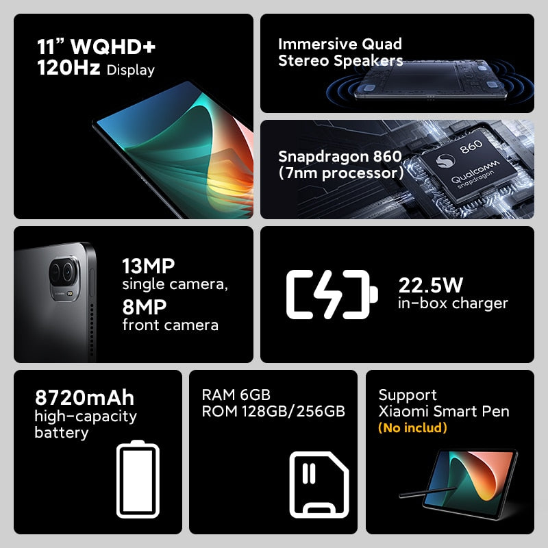 Weltpremiere Globale Version Xiaomi Mi Pad 5 11'' WQHD+ 120Hz Display Snapdragon 860 4 Stereolautsprecher 8720mAh MI Tablet 5