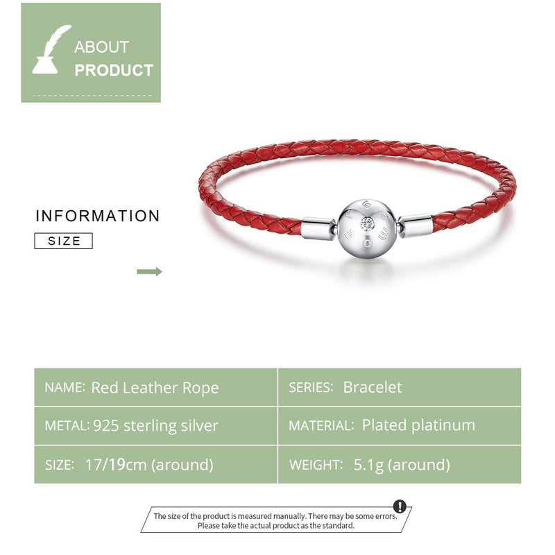 BISAER Lucky Bracelets Red Leather Rope 925 Sterling Silver S925 Plated Platinum CZ PU Leather Chain For Women Jewelry EFB042