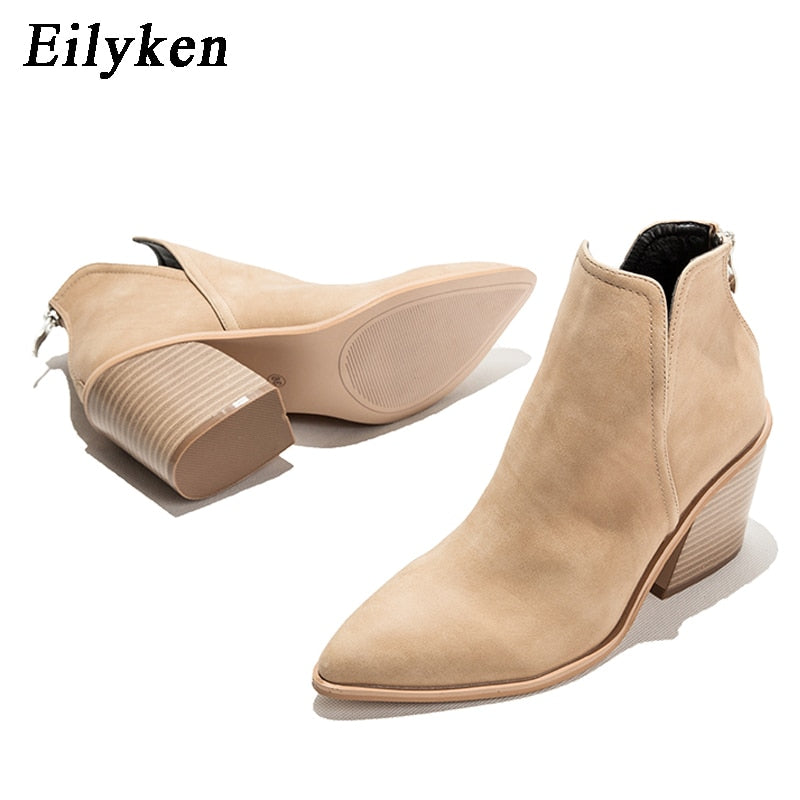 EilyKen, botines para mujer De principios De invierno, botines De tacón cuadrado De vaquero negro informales con cremallera De leopardo para Mujer, Zapatos De Mujer